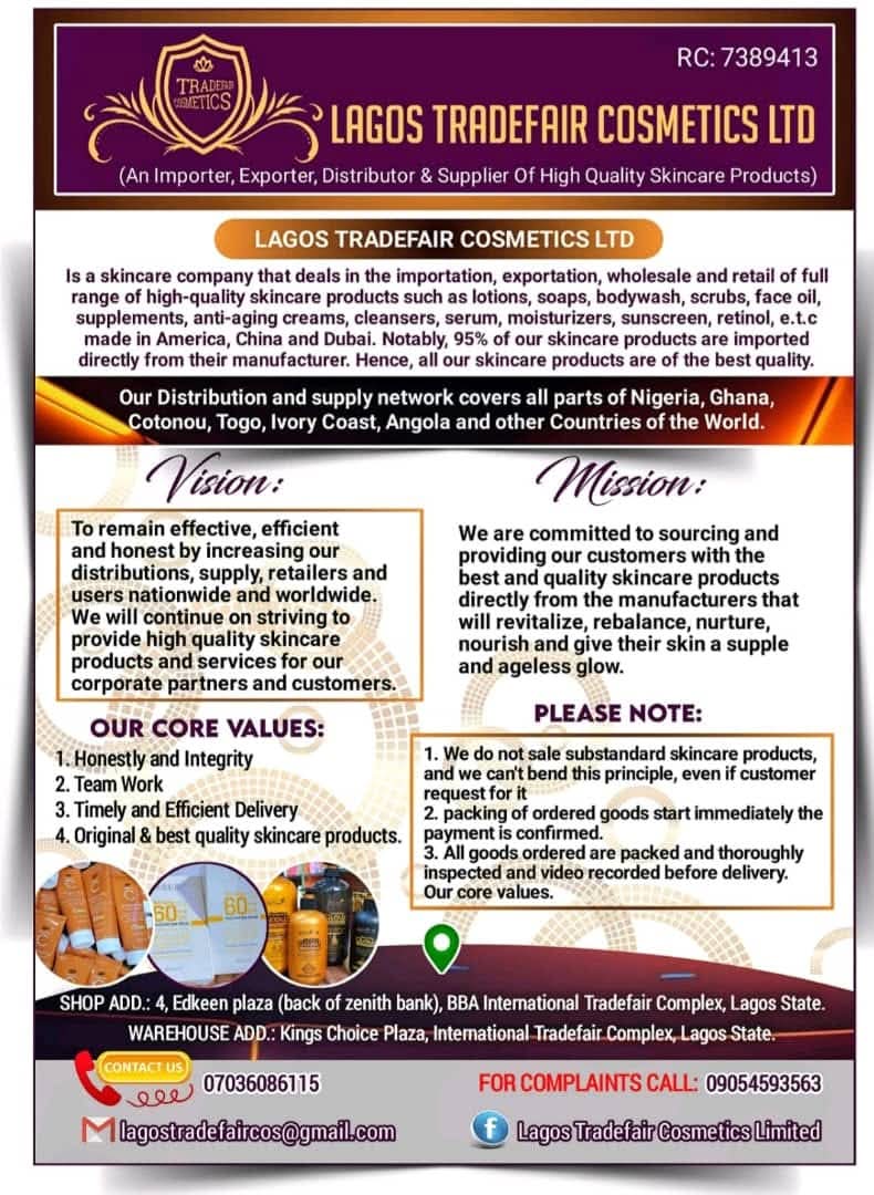 Lagos Tradefair Cosmetics Ltd company profile — importer, exporter, distributor and supplier of high-quality skincare products